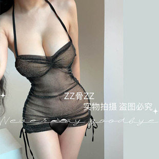 深V领性感风女人味半透明抽皱系带挂脖式 居家情趣睡裙 新款 ZZ骨ZZ