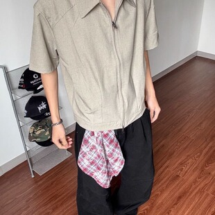 cleanfit双拉链短袖衬衫男女款夏季短宽boxy简约垫肩正肩上衣T恤