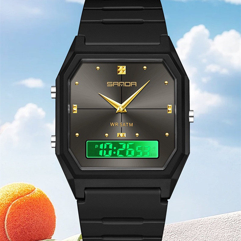 方形双显品牌男女款情侣气质个性初高中学生时尚潮流防水夜光手表