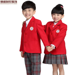 幼儿园园服秋冬装 英伦春秋季园服套装定做校服红色毛呢西装外套