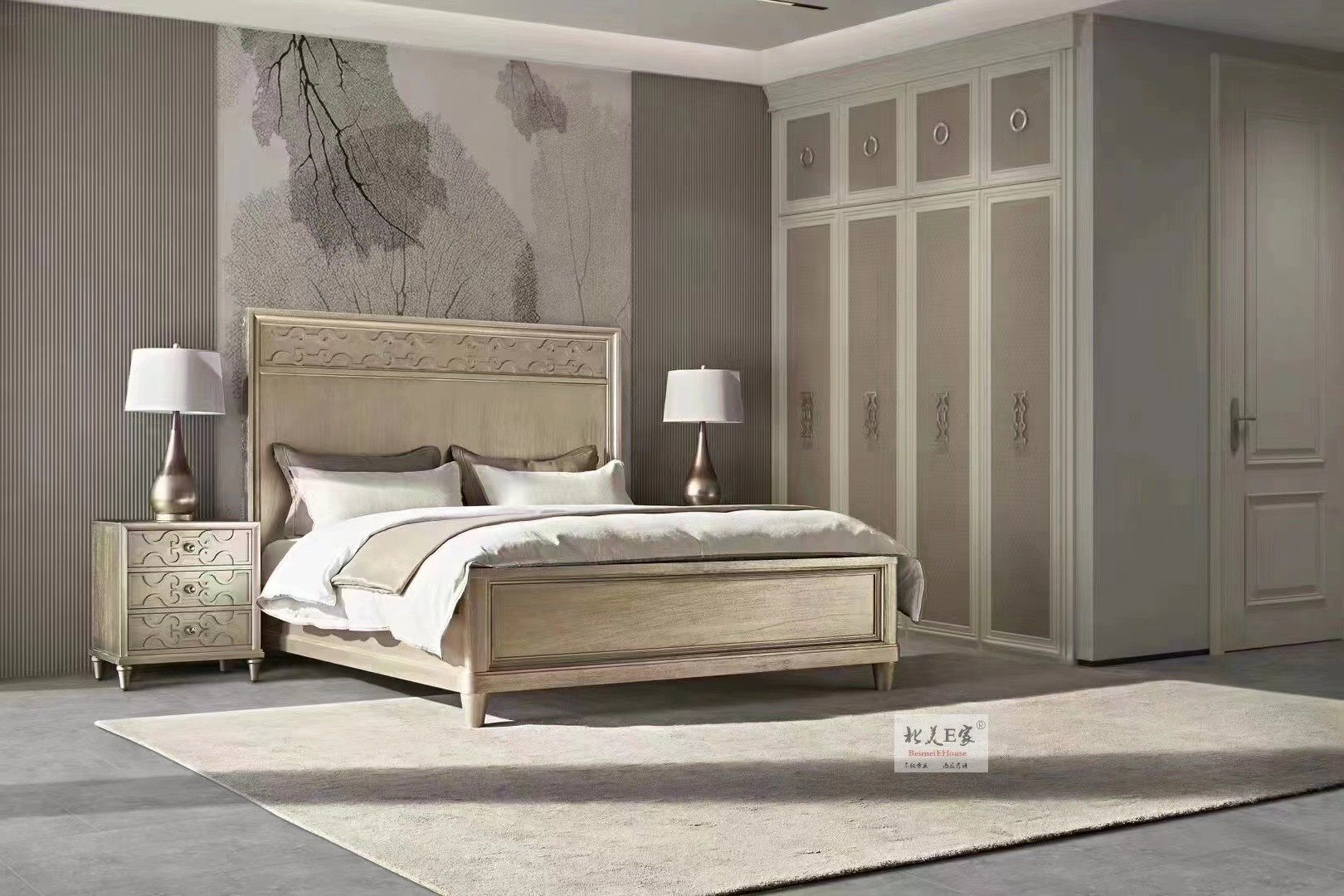 美克美家art莫里印象床美式轻奢实木香槟色主卧1.8米橡木双人大床