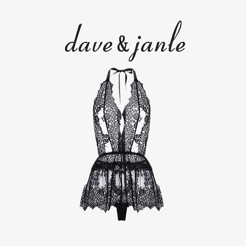 英国 Dave&Janle 性感睡衣蕾丝系带挂脖连体衣透视诱惑内衣礼盒装
