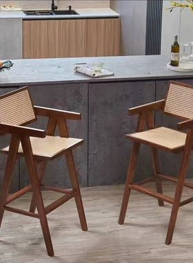 日料店简约北欧侘寂风昌迪加尔实木藤编椅子吧椅家用靠背高脚凳子