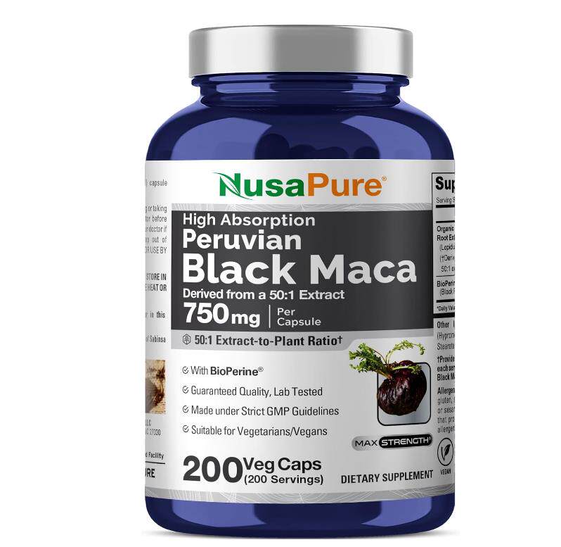 美国NusaPure Black Maca Root 成人玛咖根高含量吸收黑胡椒200粒