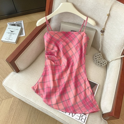 东大门彩色多巴胺格子吊带上衣女夏季新款设计感褶皱外穿性感小衫