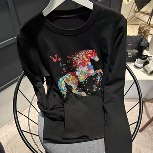 马到成功彩色马图案长袖T恤2025冬季新款圆领设计感减龄显瘦上衣