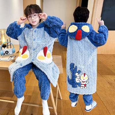 男童连帽法兰绒长款睡袍