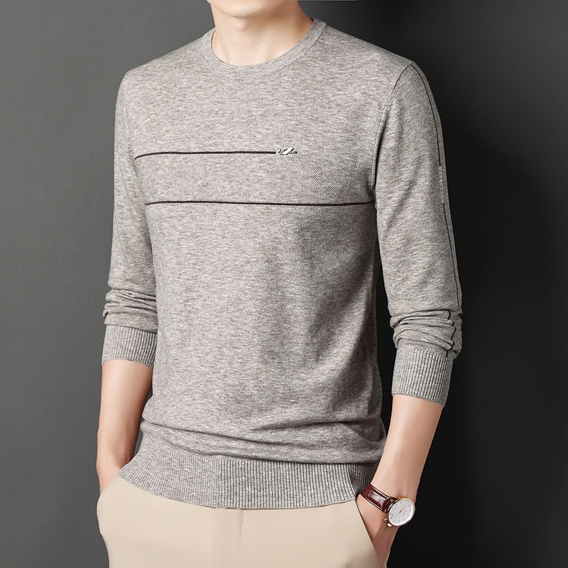 中年薄款100%羊毛衫男圆领春秋季长袖t恤纯色宽松羊绒毛衣打底衫