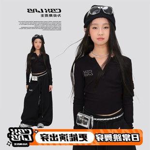 儿童街舞潮牌黑色爵士舞紧身jazz跳舞上衣运动裤套装潮服演出服