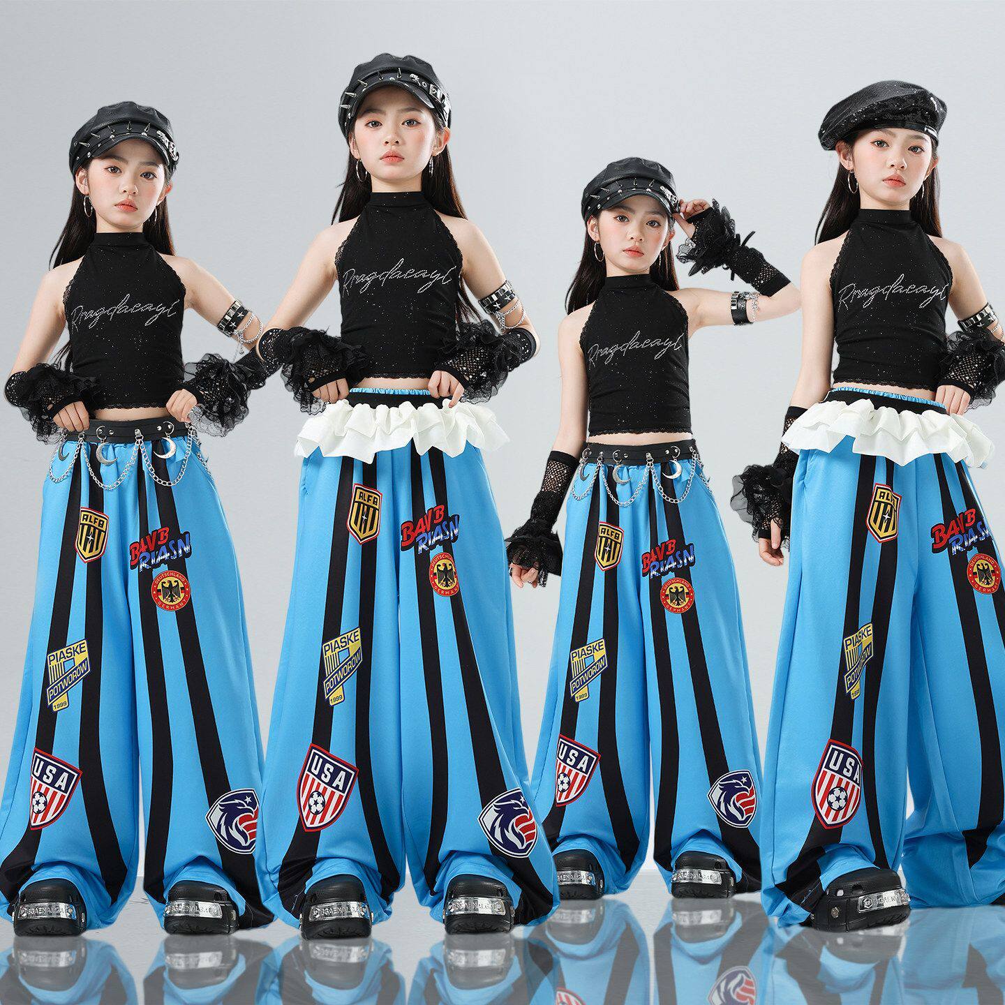 爵士舞女童服装露脐单吊带上衣短裤舞蹈服套装jazz女孩街舞表演服