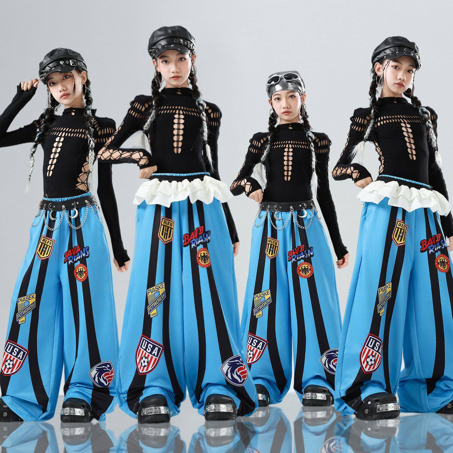 爵士舞女童服装露脐单长袖上衣短裤舞蹈服套装jazz女孩街舞表演服