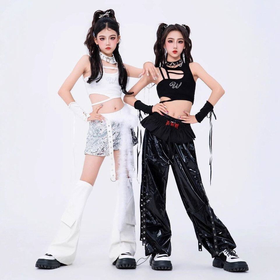 童装爵士舞女童服装夏甜酷风少儿背心皮裤街舞jazz时髦洋气演出服