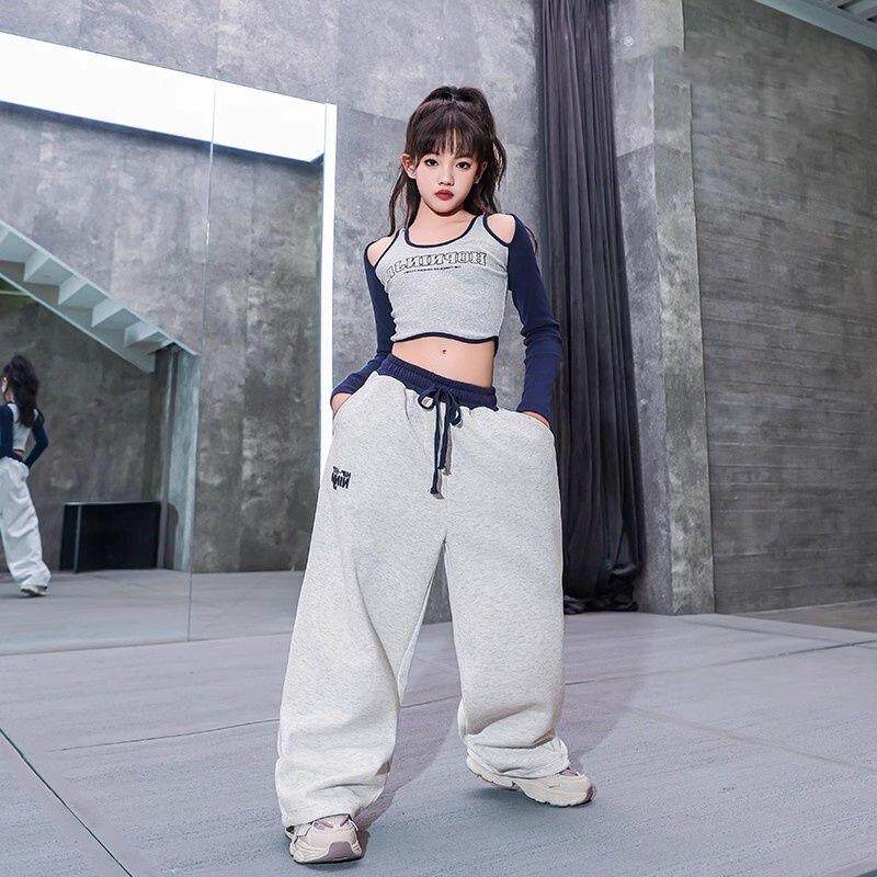 儿童街舞套装女童紧身露肩运动裤