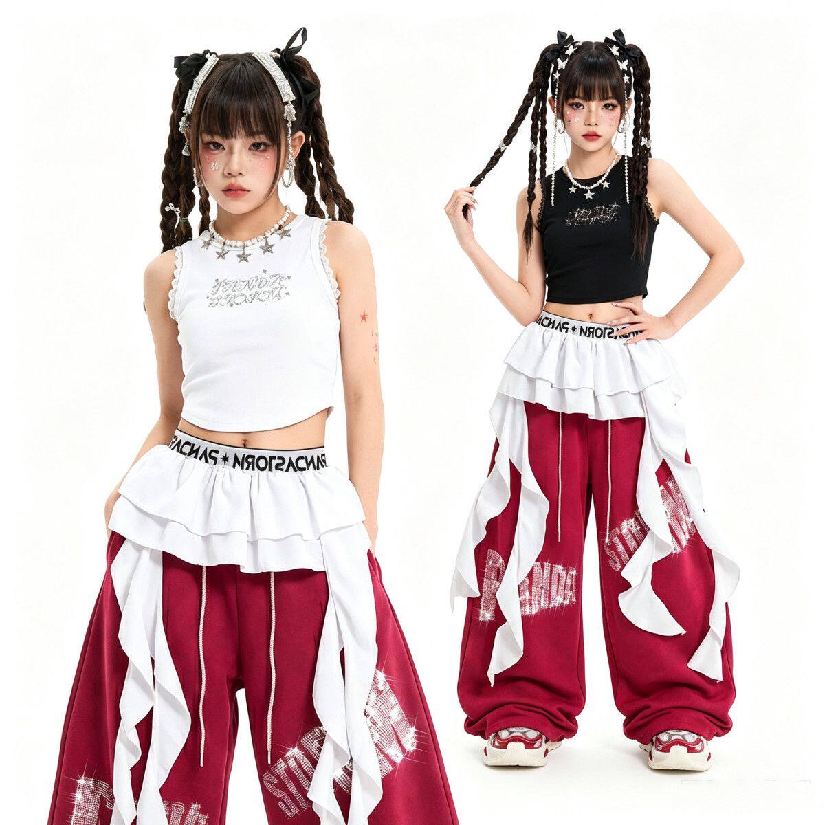 女童街舞爵士舞hiphop闪钻背心宽松卫裤套装少儿童走秀表演出服夏