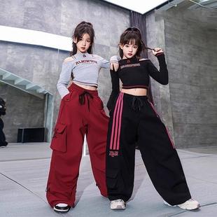 女童爵士舞服套装 T恤露脐儿童街舞表演出服潮kpop jazz长袖