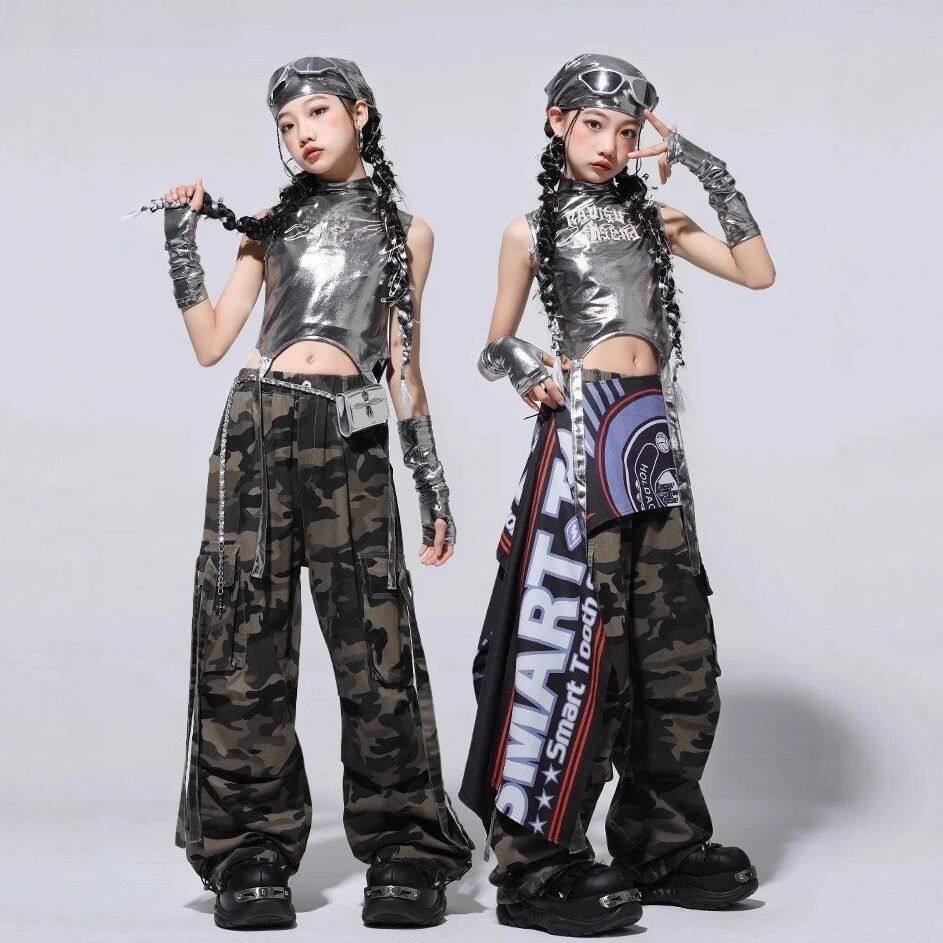 爵士舞女童服装潮牌迷彩裤套装儿童个性街舞少儿jazz舞台表演出服