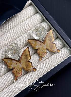 枯叶蝶蝴蝶玫瑰耳环小众高级感复古法式气质轻奢个性百搭耳饰耳夹