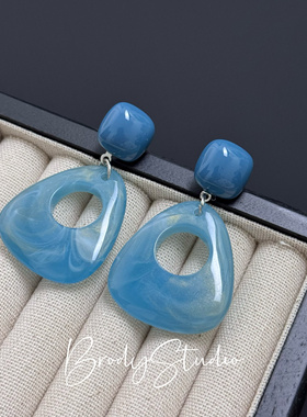 韩国ins 东大门百搭耳饰蓝色晕染几何镂空气质小众个性大耳环耳夹