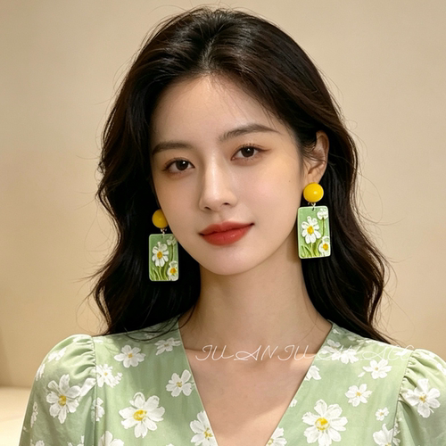 春天黄绿调抽象油画感花朵无耳洞耳夹少女感2025新潮耳钉耳环