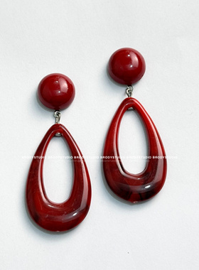 港风80年代复古酒红色几何圆形树脂耳坠耳环女无耳洞耳夹气质耳饰