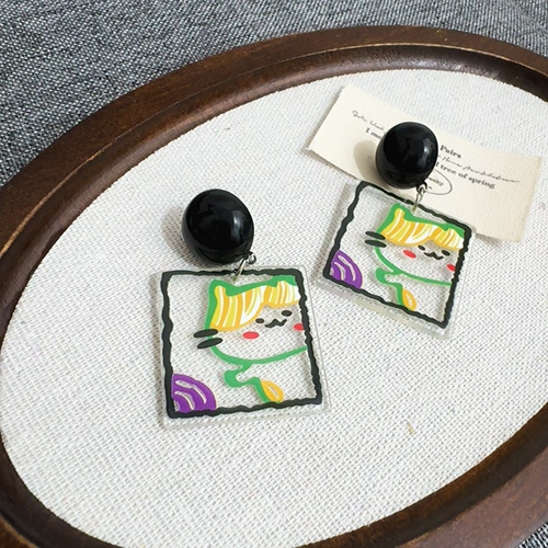 新款网红韩版卡通线条小猫咪耳环夏天清新甜美可爱亚克力耳钉-INS