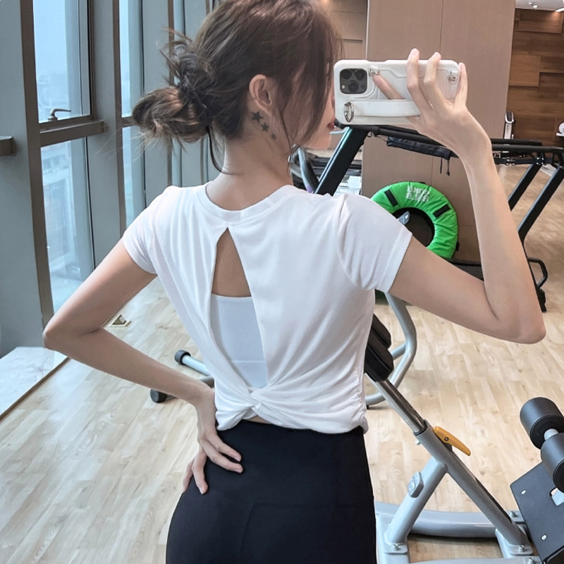 健身瑜伽跑步罩衫透气t恤美背瑜伽服短袖凉感运动上衣普拉提短款