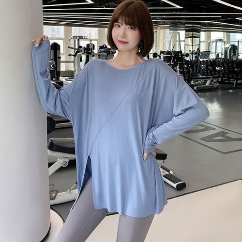 速干瑜伽服T恤女秋季新款圆领百搭宽松透气修身中长款长袖两件套