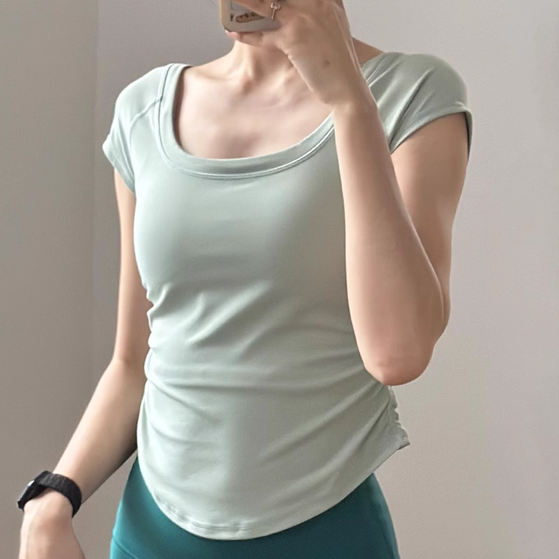 夏季瑜伽健身短袖运动修身瑜伽服短袖上衣女裸感普拉提健身T恤U领