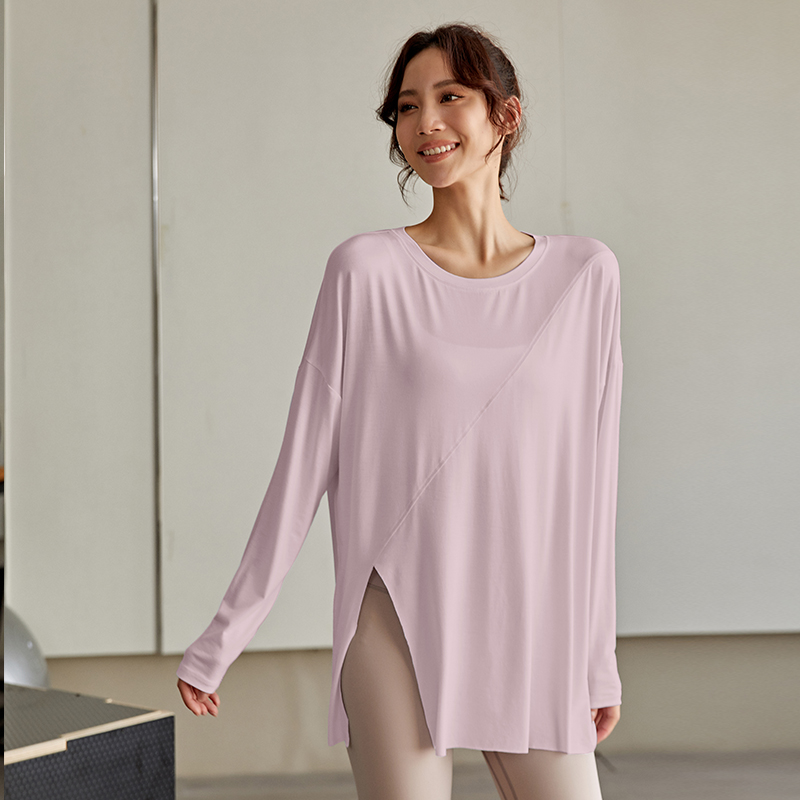 跑步训练秋季健身T恤宽松显瘦运动长袖中长款开叉遮臀瑜伽上衣女