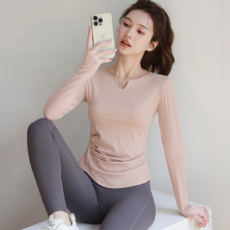 网红性感运动上衣女v领弹力速干瑜伽服训练长袖紧身健身衣秋冬款