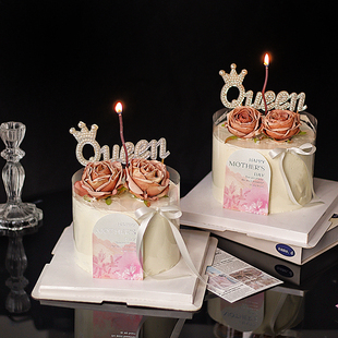 2025母亲节快乐蛋糕装 饰摆件 饰插件珍珠queen仿真玫瑰花mom烘焙装