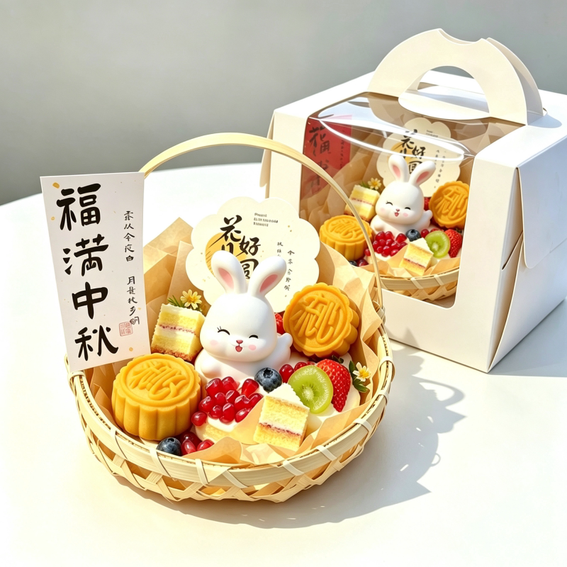2026中秋节手提小竹篮蛋糕装饰可爱小兔子摆件花好月圆贴纸插件
