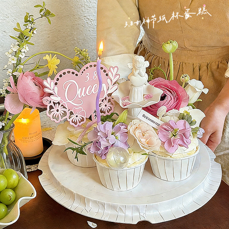 38女神节纸杯蛋糕装饰摆件天使许愿池三八女王节亚克力蝴蝶插牌