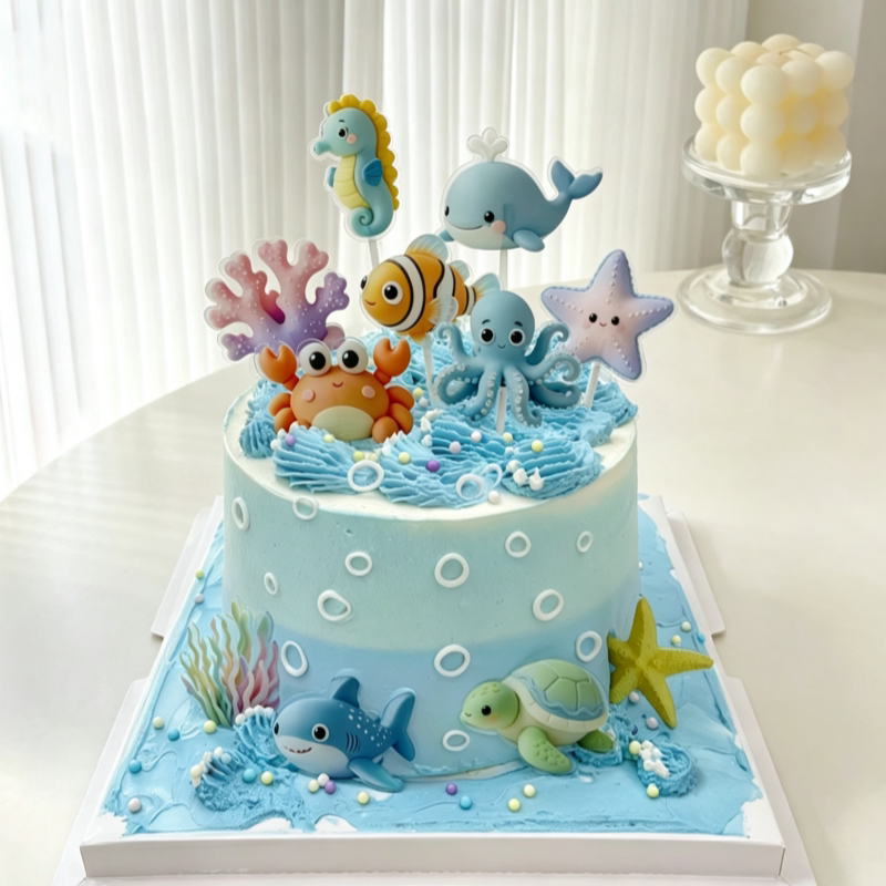 卡通海洋世界生日蛋糕装饰插件螃蟹鲨鱼海龟海星亚克力动物插件