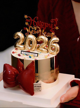 2026金色数字蜡烛跨年元旦蛋糕装饰摆件金色蛋糕围边红色PU蝴蝶结