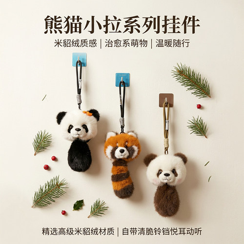 花花挂件熊猫头拉伸尾巴响铃毛绒玩具七仔小熊猫包包挂饰纪念品