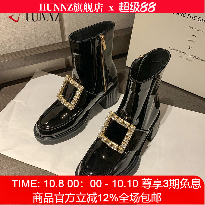 rv水钻方扣新款高跟漆皮女鞋短靴