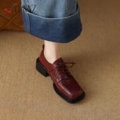 hunnz复古酒红色小羊皮系带深口单鞋 大码 方头粗跟小皮鞋 女乐福鞋