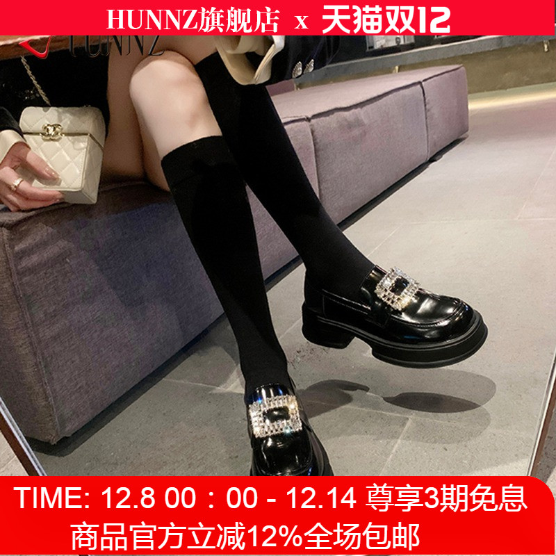 真皮厚底乐福鞋方扣水钻松糕鞋