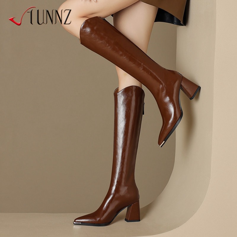 尖头高跟长靴女2025新款复古V口粗跟西部靴真皮不过膝高筒瘦腿靴,女鞋,时装靴,淘宝优惠券,粉丝福利购,淘宝优惠卷