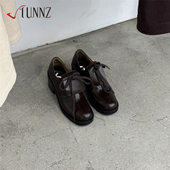 hunnz春秋真皮复古系带厚底高跟乐福鞋 单鞋 英伦粗跟小皮鞋 德比鞋