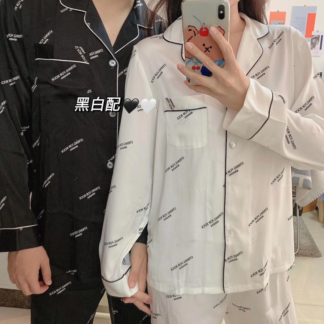 micisty密汐皙迪情侣睡衣简约字母冰雪丝经典两件套居家服春秋