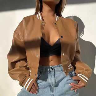 pu皮衣棒球服宽松型袖女秋欧美复古外套港风chic百搭小个子短上衣