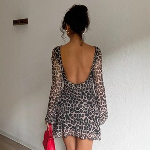 欧美风性感大露背修身 连衣裙短裙一字领网纱裙子女 豹纹印花长袖