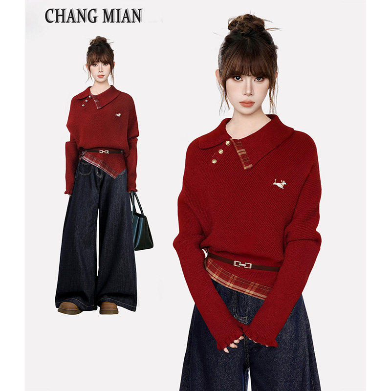 新年红色polo翻领套头针织毛衣女秋冬季收腰内搭打底衫不规则上衣,个性定制/设计服务/DIY,棉服工装,淘宝优惠券,粉丝福利购,淘宝优惠卷