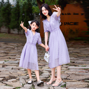 炸街母女装 高端亲子装 夏装 裙子潮 2024新款 紫色蕾丝连衣裙洋气韩版