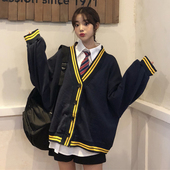 毛衣外套中长款 复古韩版 学生可爱 学院风针织开衫 女宽松慵懒风秋季