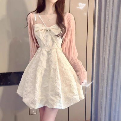 初恋白月光吊带连衣裙开衫套装开春穿搭小个子甜妹白色公主蓬蓬裙