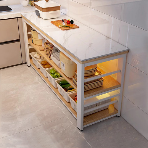 厨房置物架岩板落地多层微波炉储物柜多功能切菜桌窄边柜收纳架子