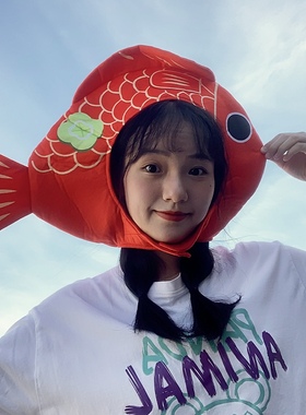 搞怪可爱红色鲤鱼头套新年喜庆锦鲤好运头饰儿童卡通帽子拍照道具